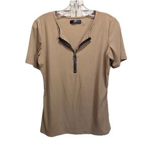 THANTH Tan Ribbed Short Sleeve Zipper Front Top Size Medium